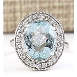 6.98 CTW Natural Aquamarine And Diamond Ring In 18K Solid White Gold