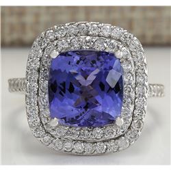 6.09 CTW Natural Blue Tanzanite And Diamond Ring In 18K White Gold