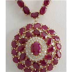 58.96 CTW Natural Ruby And Diamond Necklace In 14K Yellow Gold