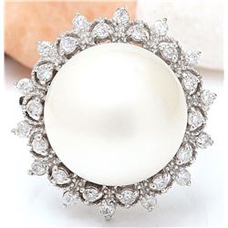 12.08 mm White South Sea Pearl 14K Solid White Gold Diamond Ring