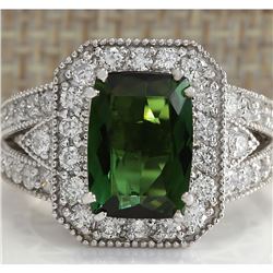 4.72 CTW Natural Green Tourmaline And Diamond Ring 14K Solid White Gold