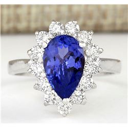 2.58 CTW Natural Blue Tanzanite And Diamond Ring 18K Solid White Gold