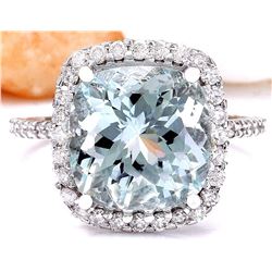 6.70 CTW Natural Aquamarine 18K Solid White Gold Diamond Ring