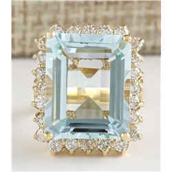 12.30 CTW Natural Blue Aquamarine And Diamond Ring In 18K Yellow Gold