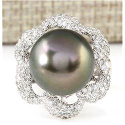 1.30 CTW Natural 14.22mm Black Pearl Diamond Ring 18K White Gold