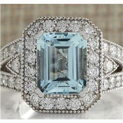 4.67 CTW Natural Aquamarine And Diamond Ring In 14K Solid White Gold