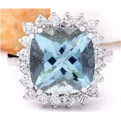 7.01 CTW Natural Aquamarine 14K Solid White Gold Diamond Ring