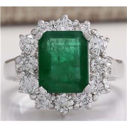 3.49 CTW Natural Emerald And Diamond Ring 14K Solid White Gold