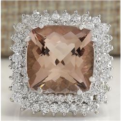 9.71 CTW Natural Peach Morganite And Diamond Ring In 14K Solid White Gold