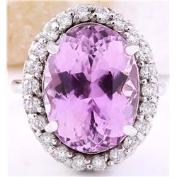 15.02 CTW Natural Kunzite 14K Solid White Gold Diamond Ring