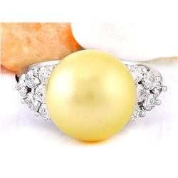 12.90 mm Gold South Sea Pearl 14K Solid White Gold Diamond Ring