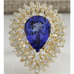 4.85 CTW Natural Blue Tanzanite And Diamond Ring 14K Solid Yellow Gold