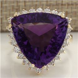 14.31 CTW Natural Amethyst And Diamond Ring In 18K Solid Yellow Gold