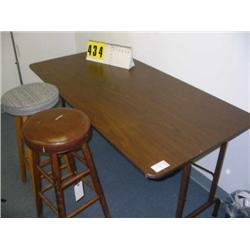 wood folding table, 2 stools, and tripo