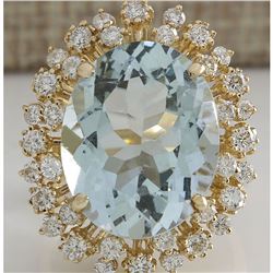 13.65 CTW Natural Aquamarine And Diamond Ring In 14K Solid Yellow Gold