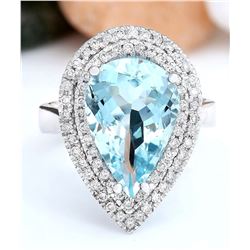 5.30 CTW Natural Aquamarine 18K Solid White Gold Diamond Ring