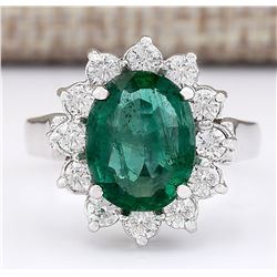 3.43 CTW Natural Emerald And Diamond Ring In 14k White Gold