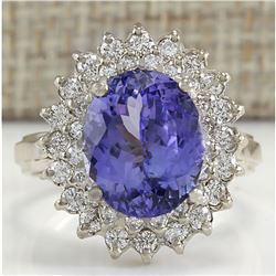 6.18 CTW Natural Blue Tanzanite And Diamond Ring 18K Solid White Gold