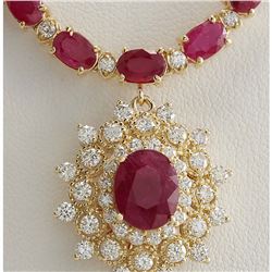 40.45 CTW Natural Ruby And Diamond Necklace In 14K Yellow Gold