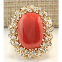 13.26 CTW Natural Coral And Diamond Ring In 18K Yellow Gold