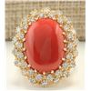Image 1 : 13.26 CTW Natural Coral And Diamond Ring In 18K Yellow Gold