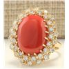 Image 2 : 13.26 CTW Natural Coral And Diamond Ring In 18K Yellow Gold
