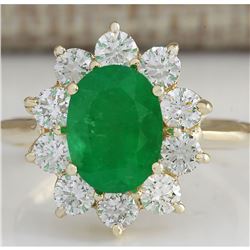 3.08 CTW Natural Emerald And Diamond Ring 18K Solid Yellow Gold