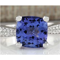 4.11 CTW Natural Blue Tanzanite And Diamond Ring 18K Solid White Gold