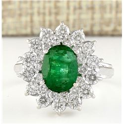 3.08 CTW Natural Emerald And Diamond Ring In 14k White Gold