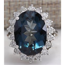 10.11CTW Natural London Blue Topaz And Diamond Ring In18K Solid White Gold