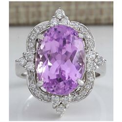11.65 CTW Natural Kunzite And Diamond Ring 14K Solid White Gold