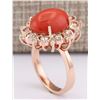 Image 3 : 7.18 CTW Natural Coral And Diamond Ring In 14k Rose Gold