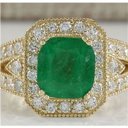 3.84 CTW Natural Emerald And Diamond Ring 14K Solid Yellow Gold