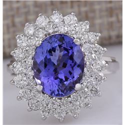 5.27 CTW Natural Blue Tanzanite And Diamond Ring 18K Solid White Gold