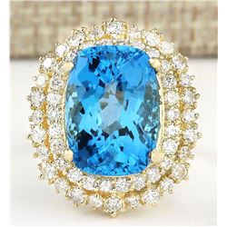 15.64 CTW Natural Blue Topaz And Diamond Ring In 18K Yellow Gold