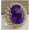 Image 2 : 12.11 CTW Natural Amethyst And Diamond Ring In 14K Solid Yellow Gold