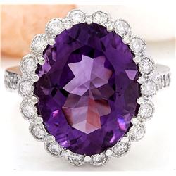 12.32 CTW Natural Amethyst 18K Solid White Gold Diamond Ring