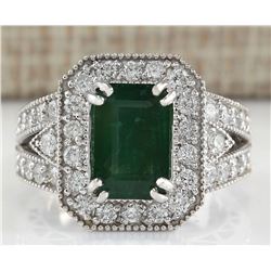 3.58 CTW Natural Emerald And Diamond Ring 18K Solid White Gold
