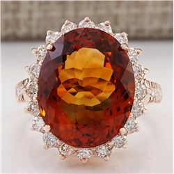 13.49 CTW Natural Madeira Citrine And Diamond Ring 18K Solid Rose Gold