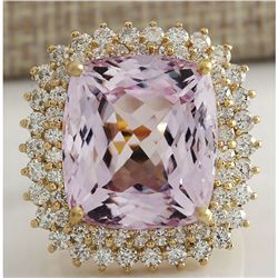 21.94 CTW Natural Kunzite And Diamond Ring 18K Solid Yellow Gold