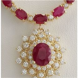 40.45 CTW Natural Ruby And Diamond Necklace In 18K Yellow Gold