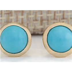3.00 CTW Natural Turquoise Earrings 18K Solid Yellow Gold