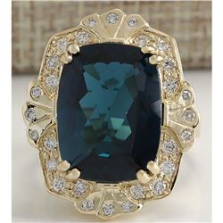 11.39CTW Natural London Blue Topaz And Diamond Ring In18K Solid Yello Gold