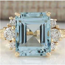 7.88 CTW Natural Blue Aquamarine And Diamond Ring 18K Solid Yellow Gold