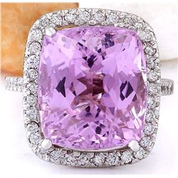 14.70 CTW Natural Kunzite 18K Solid White Gold Diamond Ring