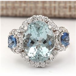 7.41 CTW Natural Aquamarine, Sapphire Diamond Ring In 18K Solid White Gold
