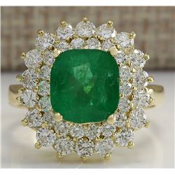 4.34 CTW Natural Emerald And Diamond Ring 18K Solid Yellow Gold