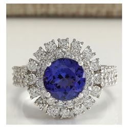 4.03 CTW Natural Blue Tanzanite And Diamond Ring In 18K White Gold