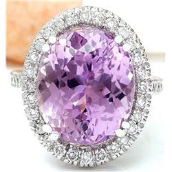 14.07 CTW Natural Kunzite 18K Solid White Gold Diamond Ring