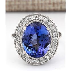 10.11 CTW Natural Blue Tanzanite And Diamond Ring In 18K White Gold